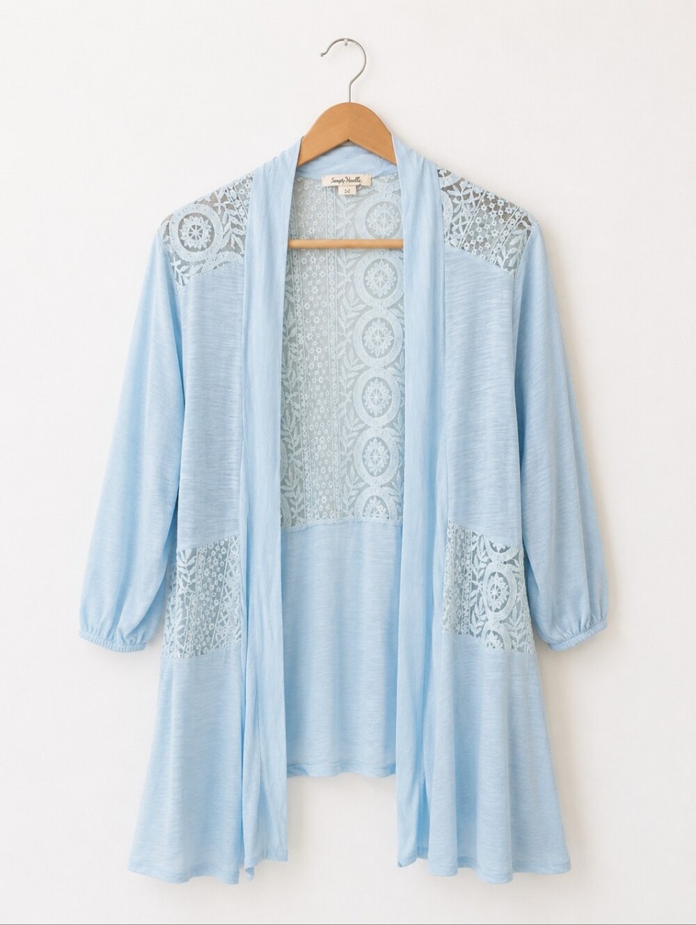 •Simply Noelle Lace Trim Open-Front Blue Cardigan